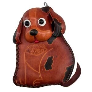 Unbranded Brown Leather Stamped Welcome Las Vegas Zip 3D Dog Coin Pouch Purse